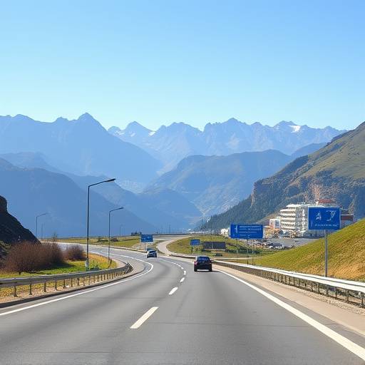 Panoramic view of a European highway winding through the Alps, with clear signage.